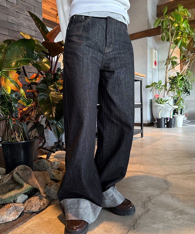 ロールアップワイドデニムパンツ BLACK DENIM